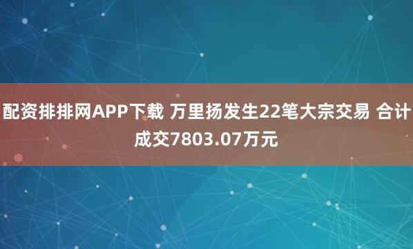 配资排排网APP下载 万里扬发生22笔大宗交易 合计成交7803.07万元